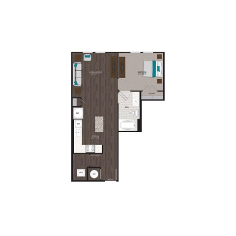 Floor plan for studio, 1 bath, 664 sqft